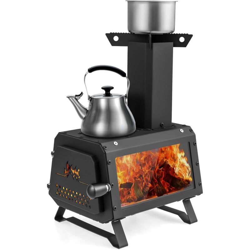 Goplus - Mini Poêle à Bois Portable, Four à Bois Pliable de Camping avec 2 Positions de Cuisson, Poignée & Fenêtre Visuelle en Verre, pour Extérieur