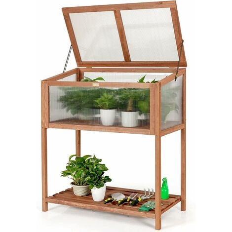 GOPLUS Mini Serre en Bois et Plastique Transparent, Carr�� Potager Jardini��re Rectangulaire sur Pied, avec Espace de Rangement pour Outils, Convient au Jardin Balcon Terrasse, 90X50X105cm, Brun