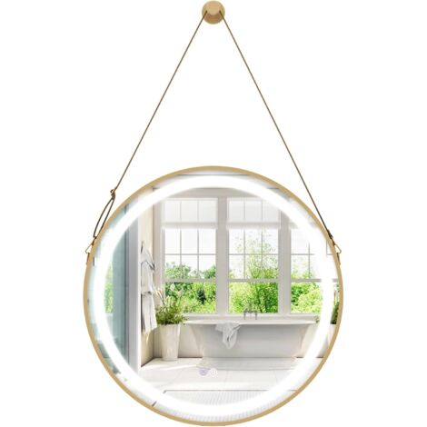 GOPLUS Miroir Circulaire Suspendu, 60 x 60 cm, Miroir Mural avec Sangle Ceinture, 3 Modes d'Eclairage, Antibuée, Fonction Mémoire, Miroir Rond Décoratif, pour Salle de Bain, Chambre, Entrée