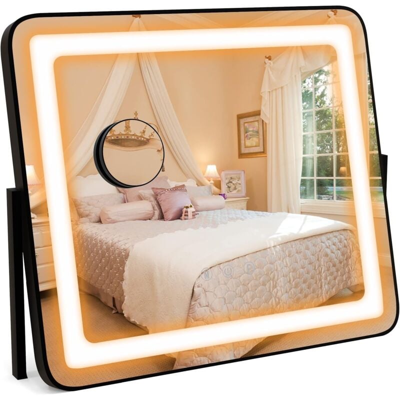 Miroir de Maquillage led avec Couleur et Luminosité Réglables, Rotation à 360°, Miroir de Détail 5X & écran Tactile Inclus - Goplus