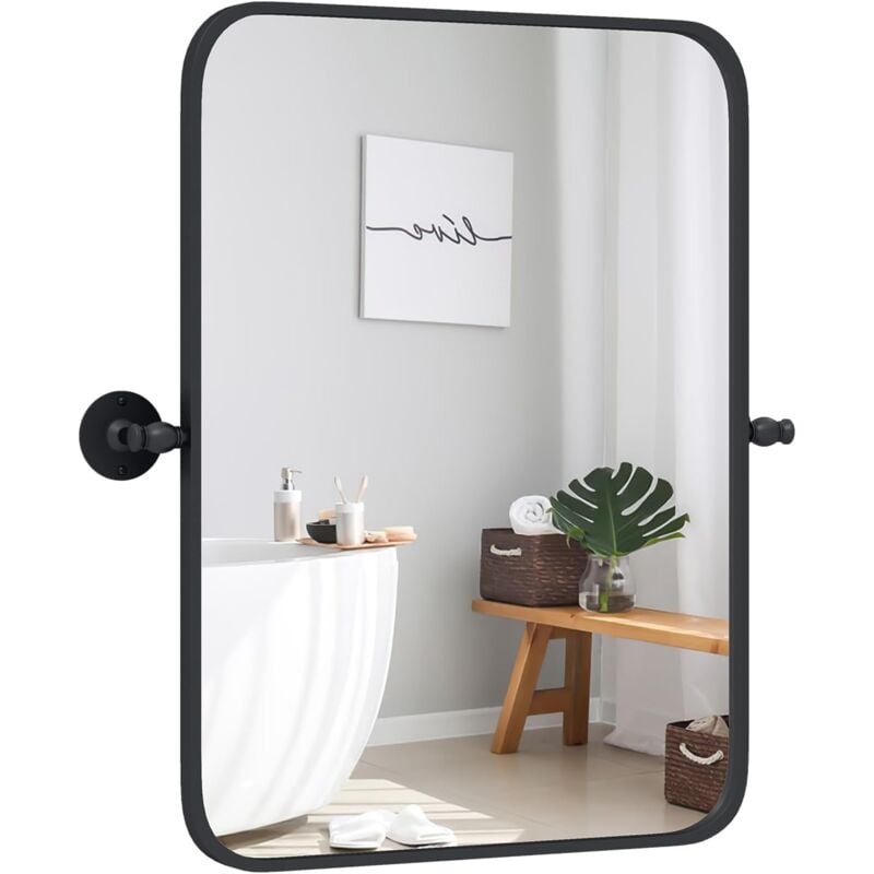 Goplus - Miroir de Salle de Bain avec Cadre en Métal Noir, Miroir Rectangulaire Mural avec Coins Arrondis, Pivotant & Inclinable, Moderne,