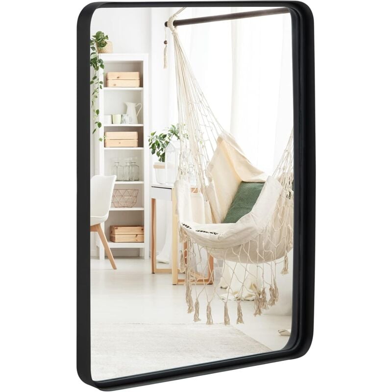 Goplus - Miroir de Salle de Bain Rectangulaire, Miroir Mural en Métal Noir avec Coins Arrondis, Montage Vertical ou Horizontal, Miroir Décoratif pour