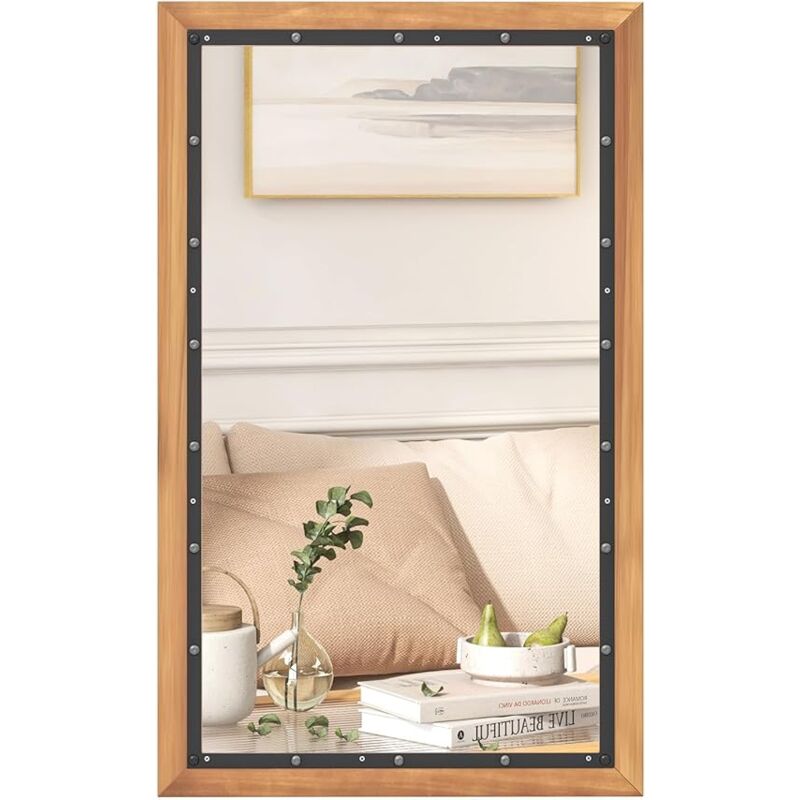 Goplus - Miroir Mural avec Crochets de Suspension, Miroir Rectangulaire avec Cadre en Bois, Miroir Décoratif Rustique, 90 x 55 cm