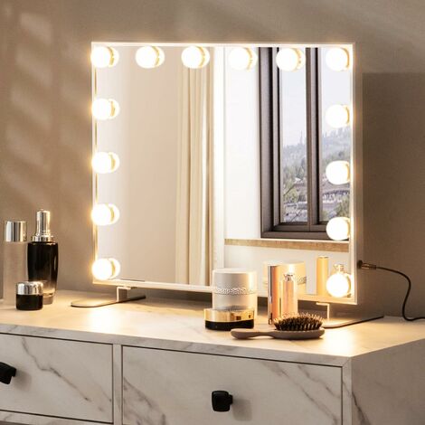 Miroir maquillage hollywood lumineux led tactile - 3 modes éclairage,  inclinable, adaptateur - métal noir verre - Conforama