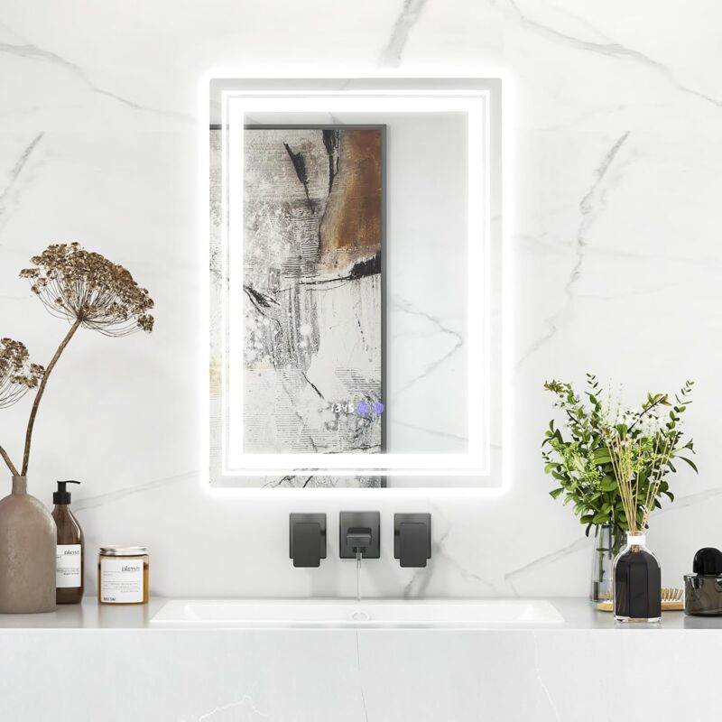 Miroir led Mural de Salle de Bain, Éclairage led 3 Couleurs, Fonction Mémoire&Antibuée, Lecture Heure&Température, Rectang - Goplus