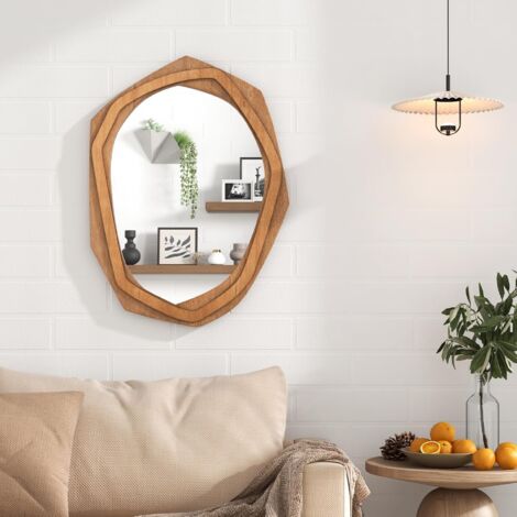 Goplus – Miroir mural décoratif en forme irrégulière 89,5 x 66cm – Verre antidéflagrant HD – Cadre en bois naturel pour intérieur