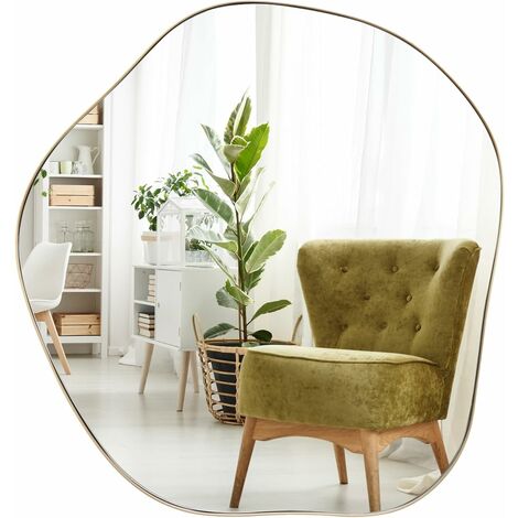 GOPLUS Miroir Mural Décoratif, Miroir en Forme Irrégulière avec Réflexion HD Claire, Cadre en Bois, Or,70 x 75,5cm