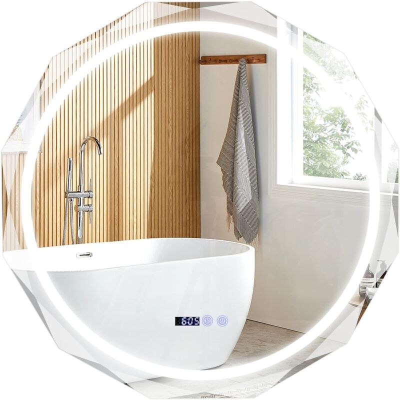 Goplus - Miroir Mural led de Salle de Bain 76cm, Miroir Rond Mural avec Lumières à Intensité Variable 3 Couleurs, Affichage de Heure et Température,