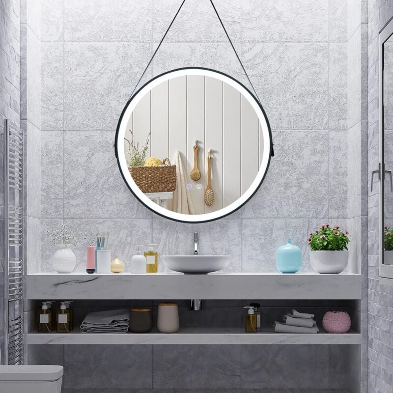 Goplus - Miroir Mural à led Rond 60 cm Anti-buée, Miroir de Salle de Bain 3000-6000K, 3 Couleurs de Lumière Réglables, Luminosité Réglable 20-100%,