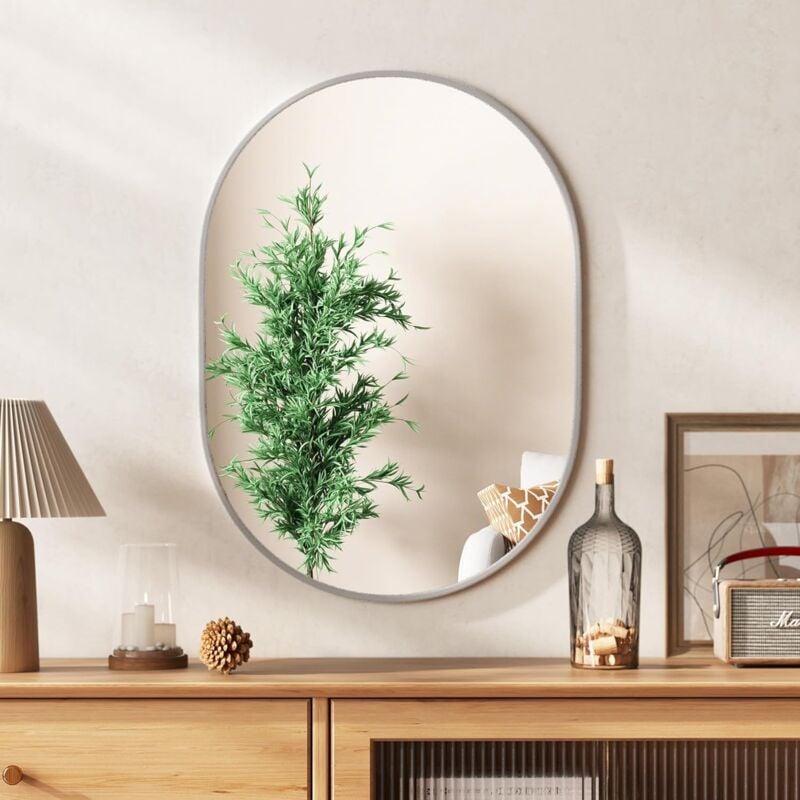 Goplus - Miroir Mural Ovale pour Salle de Bain, Cadre en Aluminium, Miroir de Maquillage avec Verre Anti-Éclats hd, Montage Vertical/Horizontal, pour