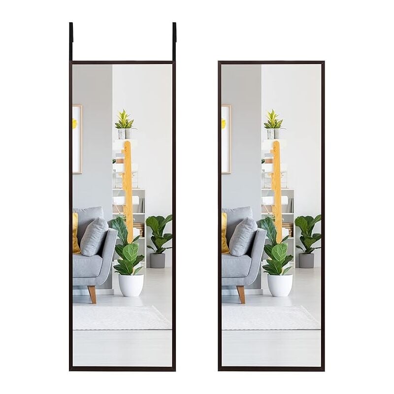 Goplus - Miroir Mural Réglable en Hauteur, Miroir Porte avec Crochets, 2 Méthodes d'Installation, Cadre en Fer, Marron