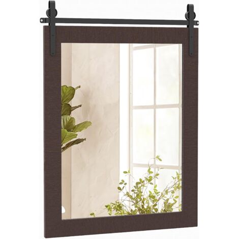 GOPLUS Miroir Mural Solide, 76,5 x 54 CM, Miroir Autocollant Rectangulaire en Bois Sapin & Verre de Haute Définition & Support en Métal, Idéal pour Entrée, Salle de Bain, Chambre à Coucher (Noyer)