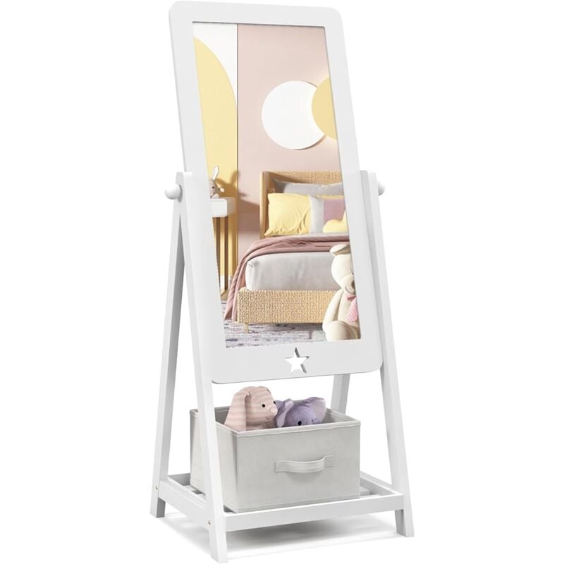 Goplus - Miroir Pleine Longueur pour Enfants, Miroir de Toilette Autoportant pour Enfants, Angle Réglable, Étagère de Rangement et Bac de Rangement