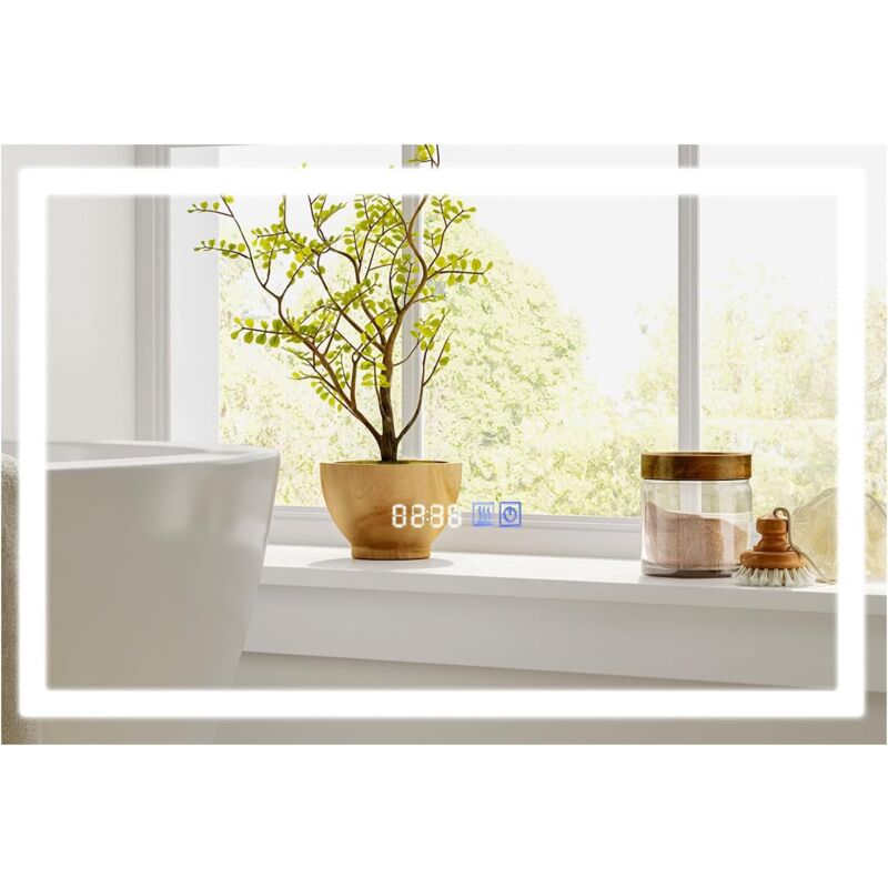 Miroir Rectangulaire Anti-buée à intensité Variable, 3 Couleurs, Fonction mémoire, Affichage de Heure et Température(60x40cm) - Goplus
