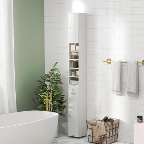 GOPLUS Mobile da Bagno Stretto, Armadio Alto Portaoggetti, con 2 Ante, 1 Cassetto, 5 Ripiani Regolabili, Dispositivo Antiribaltamento, Colonna WC per Piccoli Spazi, 20x20x180 cm (Bianco)