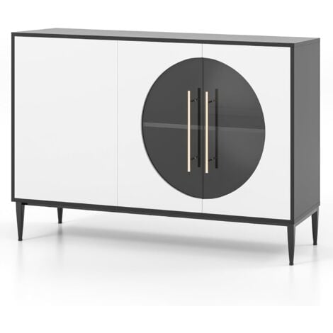 GOPLUS Mobile da Buffet, Mobile Credenza con Ante in Vetro, Gambe in Metallo, Ripiani Regolabili, Mobile da Cucina Moderno per Soggiorno, Sala da Pranzo, Camera da Letto (Nero + Bianco)