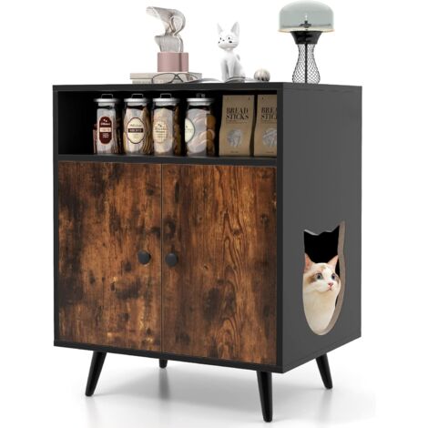 GOPLUS Mobile Lettiera per Gatti 2 in 1, Mobile Nascondi Lettiera con 2 Ante e 1 Scomparto Aperto, Mobiletto Multiuso Moderno con Kit Antiribaltamento da Interno, 61 x 46 x 75 cm (L x P x A)