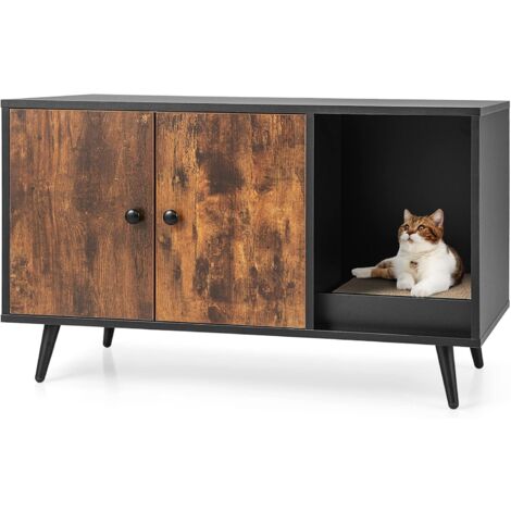 GOPLUS Mobile Lettiera per Gatti, Mobile per Gatti con Doppia Anta, Divisorio, Fori di Ventilazione e Tappetino Tiragraffi, Tavolino da Salotto in Legno per Casa, Soggiorno, 90 x 50 x 54 cm
