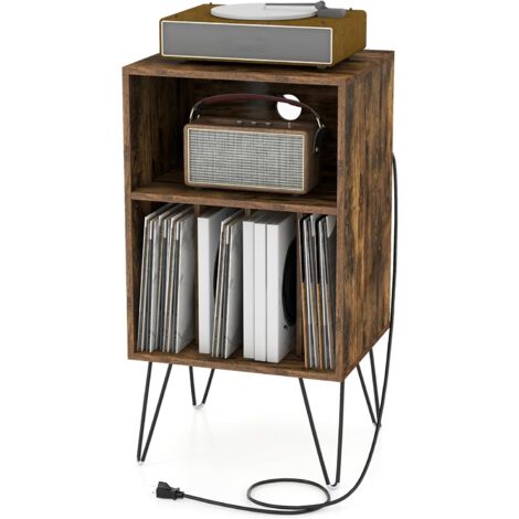 GOPLUS Mobile Porta Giradischi, Scaffale a 3 Livelli con 5 Scomparti di Archiviazione, Stazione di Ricarica e Gambe in Metallo Robuste, Tavolino per Soggiorno Camera da Letto (Marrone Scuro)