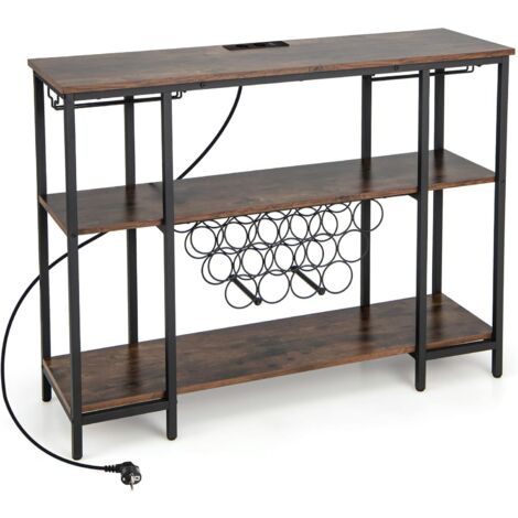 GOPLUS Mobile Portabottiglie da Vino a 3 Livelli con Prese, Tavolo da Bar per Liquori con Porta Calici, Struttura in Metallo, Tavolo Console per Soggiorno, Cucina e Sala da Pranzo (MARRONE)