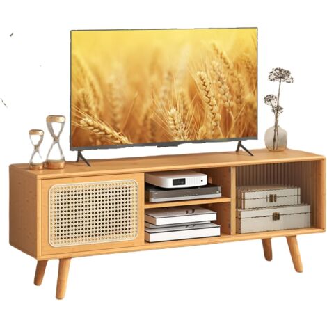 GOPLUS Mobile TV in Bambù fino a 55", con Porte Scorrevoli in Rattan e Vetro Temperato, Ripiano Regolabile, Piedi in Legno di Ebanista, Stile Moderno per Soggiorno, Camera da Letto, Ingresso