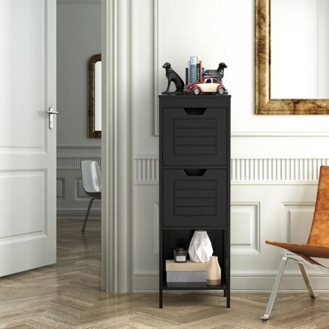 GOPLUS Mobiletto Armadietto Mobile da Bagno, con Scomparto e Cassetto, Armadietto da Terra in Legno per il Bagno, Comodino di Stile Nordico Minimalista, Bianco, 30x30x89 cm (Nero)