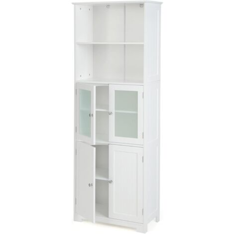 GOPLUS Mobiletto da Bagno, Armadio Colonna a 6 Livelli con 2 Ripiani Aperti e 2 Scomparti, Porte in Vetro Trasparente e Maniglie Metalliche, Bianco (Bianco)