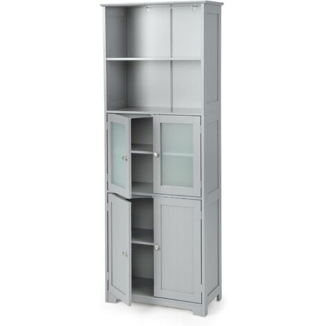 GOPLUS Mobiletto da Bagno, Armadio Colonna a 6 Livelli con 2 Ripiani Aperti e 2 Scomparti, Porte in Vetro Trasparente e Maniglie Metalliche, Bianco (Grigio)
