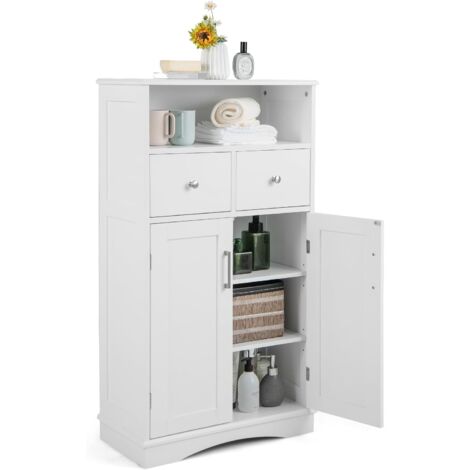 GOPLUS Mobiletto da Bagno, con Ripiano Aperto, 2 Cassetti e 1 Armadietto, Armadio Laterale per Bagno e Soggiorno, Bianco, 60 × 30 × 108 Cm (Bianco)