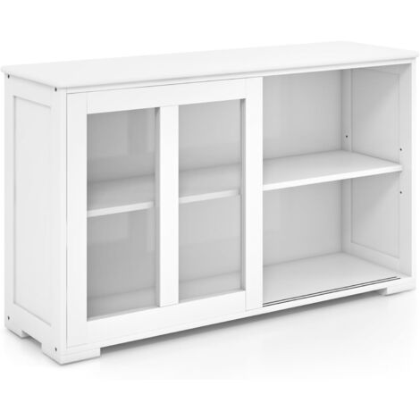 GOPLUS Mobiletto da Cucina,Armadietto per Cucina in Legno con con 2 Ante Scorrevoli,Mobile TV Moderno Ripiano Regolabile 106,7x62,5x33 cm(Bianco)
