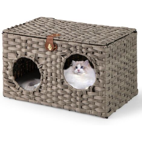 GOPLUS Niche Chat avec Coussin Doux, 60 x 35 x 35 CM, 2 Entrées à Trous Ronds, Couvercle avec Boucle, Maison Chat Pliable en Rotin, Maison pour Chats Moderne pour Chambre à Coucher, Salon, Entrée