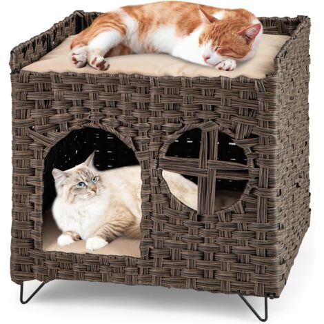 GOPLUS Niche Chat en Rotin, Niche Pliable à 2 Niveaux avec Grotte Cachée, Maison Chat avec Plateforme Supérieure, 2 Coussins Doux, Condominium Moderne pour Animaux de Compagnie, pour Salon, Balcon
