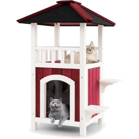 GOPLUS Niche en Bois à 2 étages d'extérieur pour Chat, Toit en Asphalte, Balcon, Rideau de Pluie, Plates-Formes de Saut, Sol Amovible, résistant aux intempéries, pour Chats de Petite-Moyenne Taille