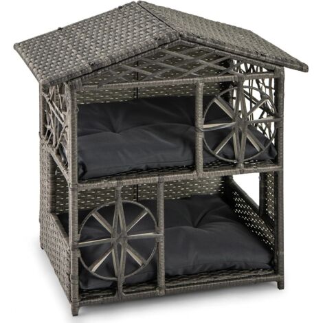 GOPLUS Niche pour Chat Exterieur en Rotin, 69 x 41 x 70 CM, Maison pour Chat avec Condo à 2 Niveaux en Osier avec Fenêtres Élégant, Toit, Charge 40 KG, Entrée Latéral, Coussins Amovibles Doux, Gris