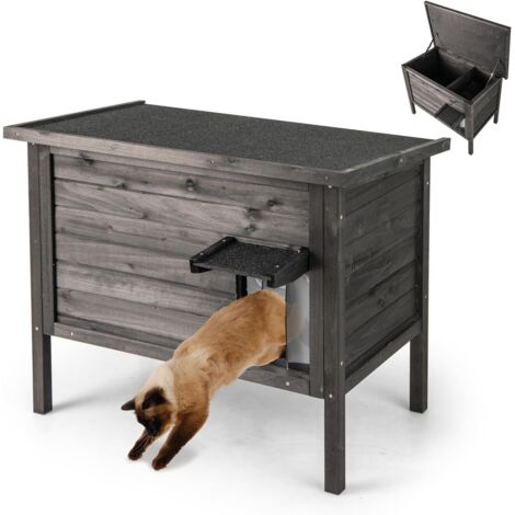 GOPLUS Niche pour Chat Exterieur, Maison Chat Surélevé en Bois avec Mousse de Polystyrène Isolée, Toit Incliné en Asphalte, Séparateur Amovible, Rideau en PVC, Niche Résistante aux Intempéries (Noir)