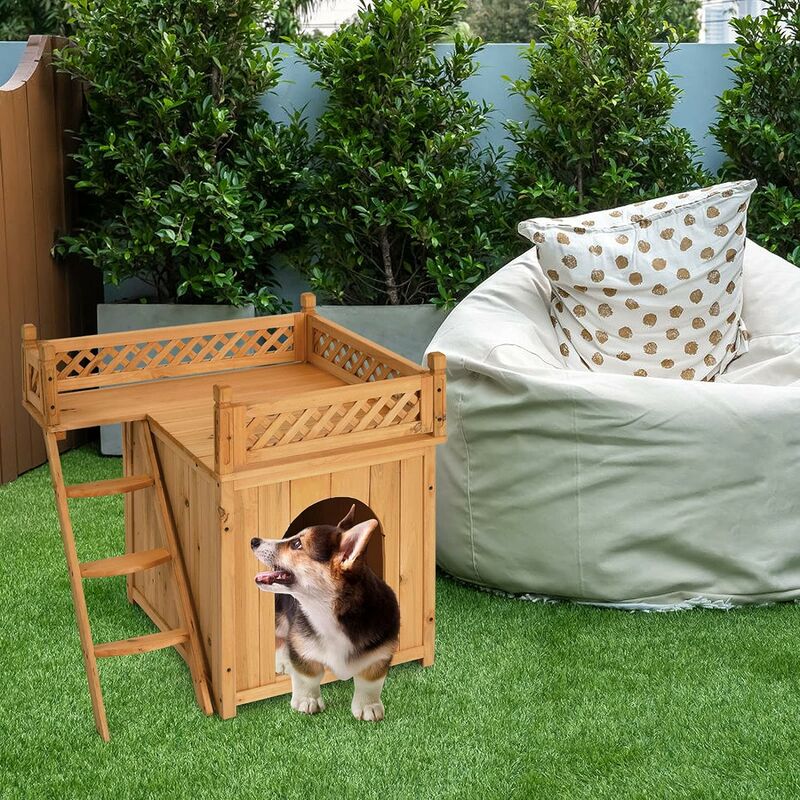 GOPLUS Niche pour Chien en Bois, Maisonnette pour Chien à 2 Niveaux avec Terrasse et Escaliers Grimpants, Abri pour Animaux pour Maison,
