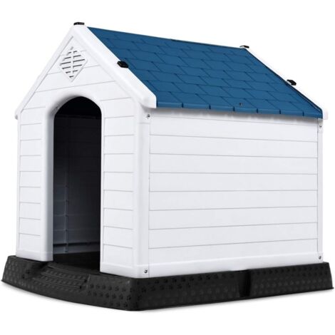 GOPLUS Niche pour Chien en Plastique avec Trous de Ventilation et Plancher Surélevé, Maison pour Chien avec Toit Étanche, pour Utilisation Intérieure et Extérieure, Bleu et Blanc (M)