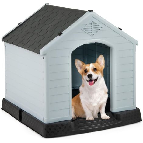 GOPLUS Niche pour Chien en Plastique avec Trous de Ventilation et Plancher Surélevé, Maison pour Chien avec Toit Étanche, pour Utilisation Intérieure et Extérieure, Bleu et Blanc (S,Gris)