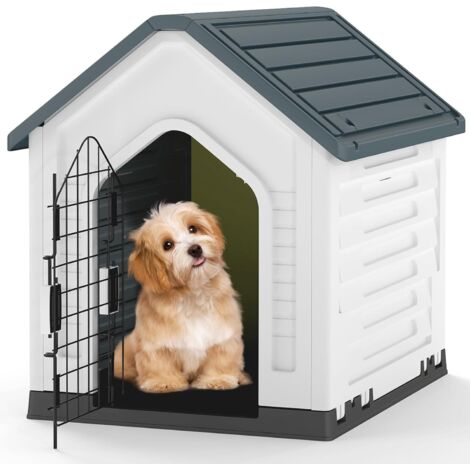GOPLUS Niche pour Chien Exterieur 67×52×60 CM, Cabane Chien Exterieur en PP Imperméable avec Porte Grillagée Verrouillable, Toit Incliné et Plancher Surélevé, Aérations à Côtés, Abri Chiot (Gris)