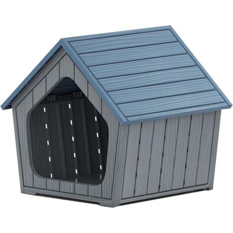 GOPLUS Niche pour Chien Exterieur/Interieur, Niche Chien avec Toit en Pente, Ouvertures de Ventilation, Base Surélevée Résistante à l'Eau, 59,5 x 57 x 58cm pour Chiens de Petites Tailles, Bleu et Gris