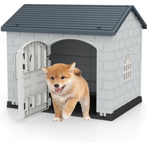 GOPLUS Niche pour Chien Exterieur XXL en PP, Cabane Chien Imperméable&Ventilé, Maison pour Chiot Interieur avec Porte, 3 Fenêtres, Toit Incliné, Plancher Surélevé, Cage pour Chiots, 75x58x65CM (Gris)