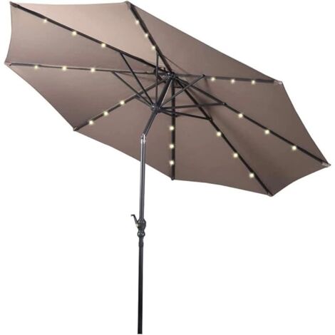 GOPLUS Ombrellone da Giardino Spiaggia con LED Luci Ø300 cm, Protezione Solare e Impermeabile, Marrone