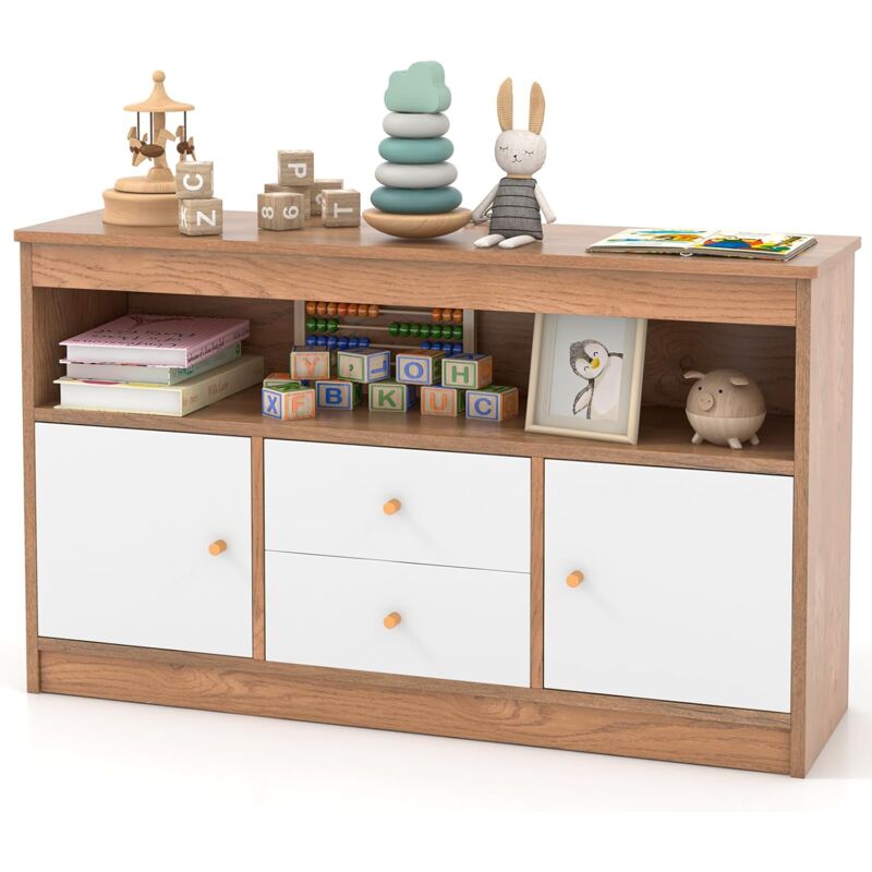 Goplus - Organiseur de Rangement, Coffre de Rangement de Jouets pour Enfants, 2 Tiroirs, 2 Armoires Fermées, 1 Compartiment Ouvert, Etagère en Bois,