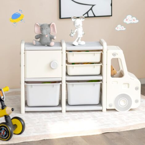 GOPLUS Organizatore per Giocattoli a Forma di Auto, Scaffale Multifunzionale per Bambini con 4 Scatole e 1 Armadietto, Scaffale in HDPE con Ampio Spazio di Archiviazione, 110 x 32 x 66 cm