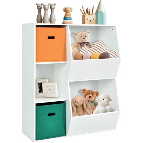 GOPLUS Organizzatore di Archiviazione Giocattoli per Bambini a 5 Cubi, Libreria in Legno con 2 Ceste Rimovibili, Mobile Portagiochi Espositore (Bianco)