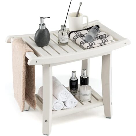 GOPLUS Panca da Doccia, Sgabello Impermeabile con Ripiano di Stoccaggio e Piedini Antiscivoli per Gambe da Barba e SPA, Sedia da Doccia, 60,5 x 34 x 48 cm