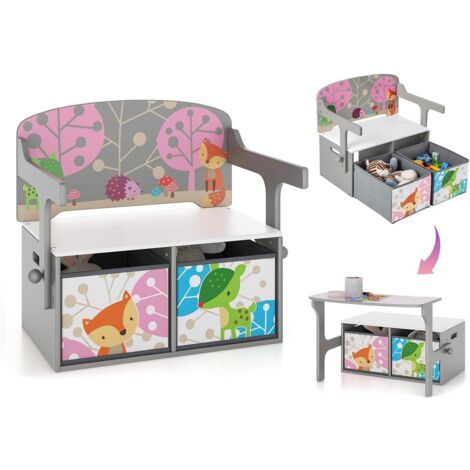 GOPLUS Panchina Attività Convertibile per Bambini, Panca Giocattolo 3 in 1 con Braccioli Incorporati e 2 Cestini in Tessuto Rimovibili, Tavolo-Panca per Sale Giochi (Grigio e Bianco)
