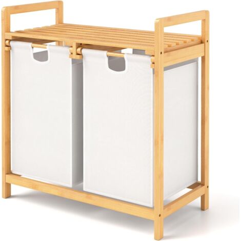 GOPLUS Panier à Linge 2 Compartiments, Panier à Linge Sale Matériau en Bambou, Étagère de Rangement, Poignée Pratique, pour Salle de Bain, Buanderie, Salon (Blanc)