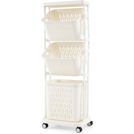 Goplus – Panier à linge 3 niveaux avec 4 roulettes – 2 petits paniers et 1 grand panier – Dimensions 40x30x112cm – Poids 5kg, capacité 35kg