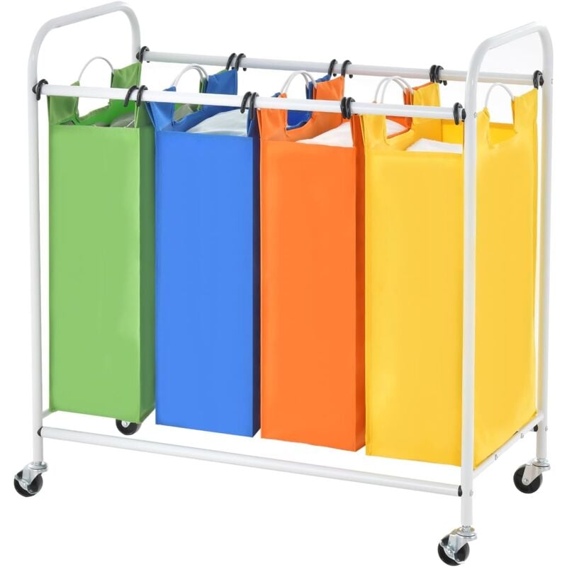 Panier à Linge 4 Compartiments 136L, avec Sacs en Tissu Imperméable Amovibles & Poignées, Roues Rotatives, Collecteur de Linge Rangement des
